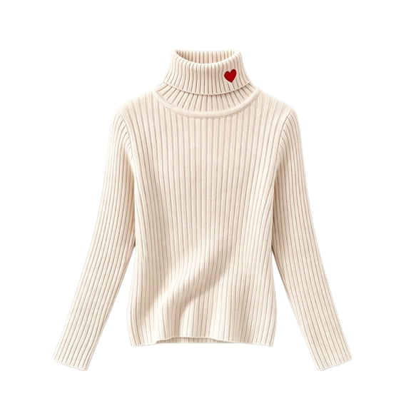 Mercatoo Kids Turtleneck Sweater Cream Ribbed Knit Pullover with Red Heart Embroidery Cute Minimalist Fall Winter Base Layer Top