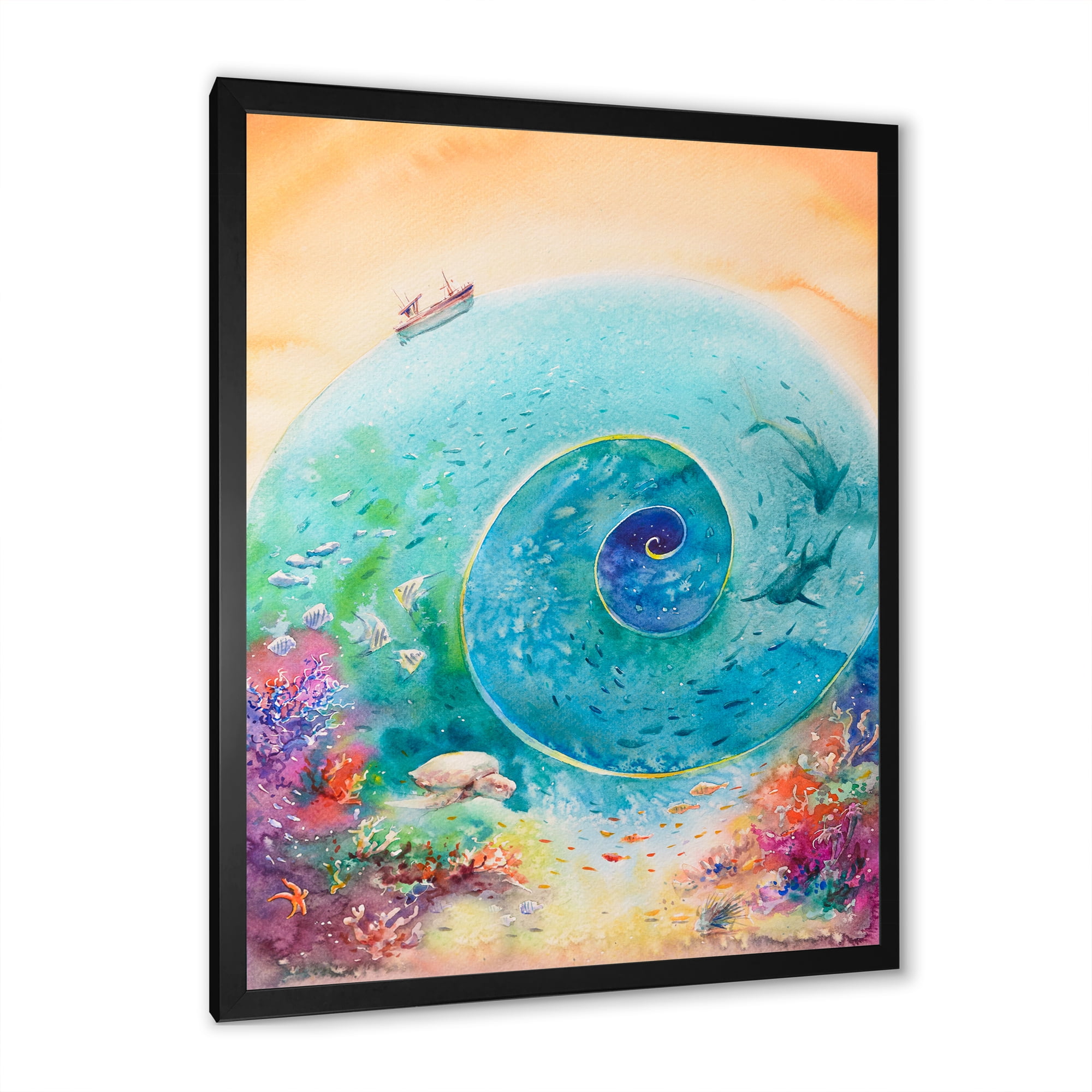 Designart 'Coral Reef Fishes With Turquoise Ocean Spiral' Nautical & Coastal Framed Art Print