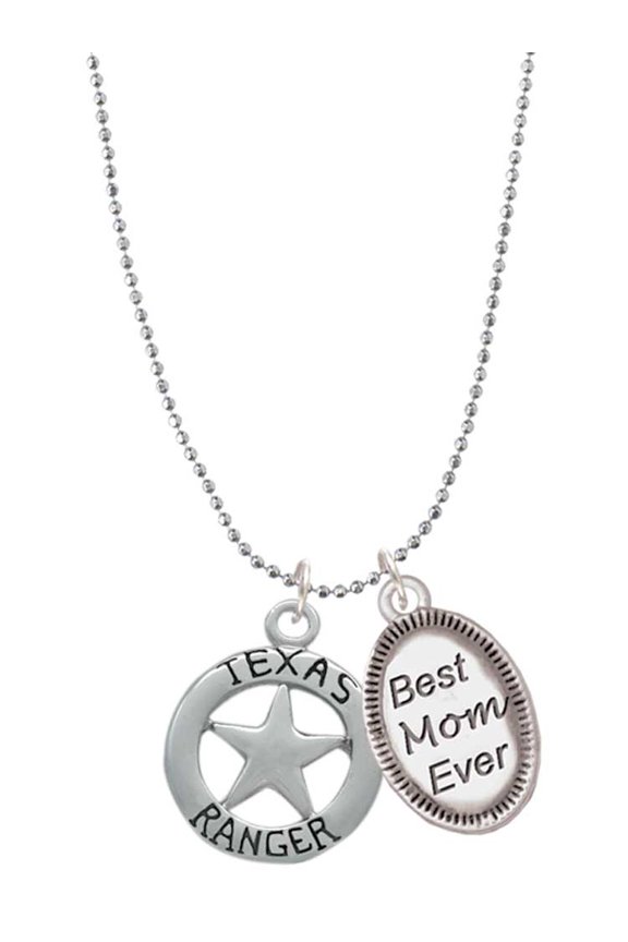 Silvertone Texas Ranger Badge Best Mom Ever Charm Necklace