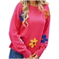 thumbnail image 3 of Nfurl Womens Oversized Knit Sweaters Cute Flower Printed Fall Sweater Loose Long Sleeve Crewneck Sweaters Jumper Tops 2025 Ladies Clothes Hot Pink M, 3 of 10