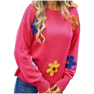 Knit Cardigan Sweater for Women Embroidered Flowers Drop Shoulder
