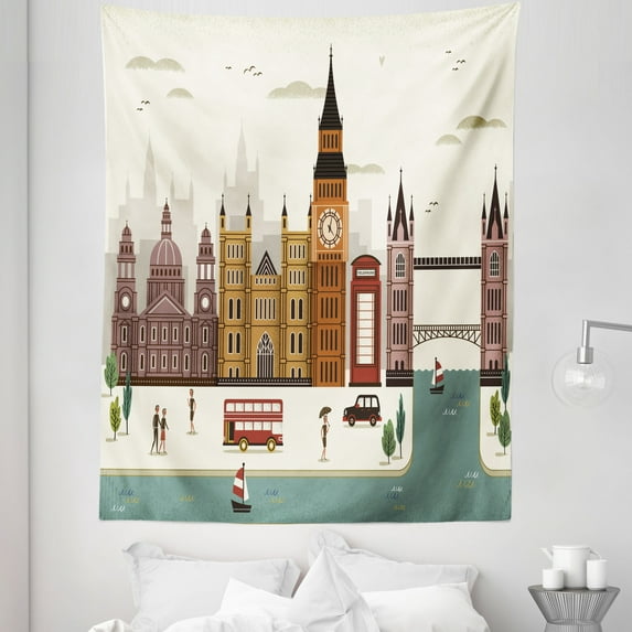 London Tapestry, Travel Scenery Famous City England Big Ben Telephone Booth Westminster, Fabric Wall Hanging Decor for Bedroom Living Room Dorm, 5 Sizes, Multicolor, by Ambesonne