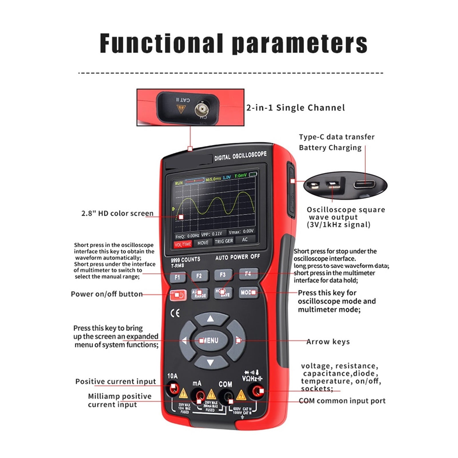 2 In 1 Digital Oscilloscope Multimeter 48MSa/s Sampling Rate 10Mhz Bandwidth 9999 Counts 2.8inch Multimetro ,Professional Designed