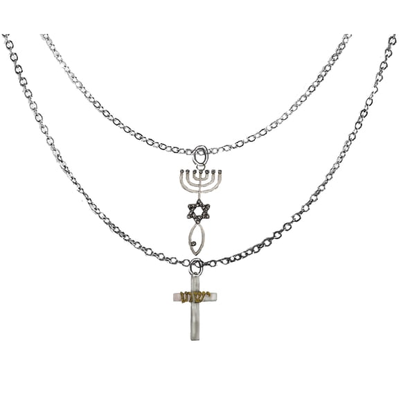 Messianic, Yeshua Beautiful Silver Crystal Seal Of Jerusalem, Silvertone Cross, 14KT Goldtone Yeshua In Hebrew Adjustable Chain Necklace, Hypoallergenic-Safe, No Nickel, Lead, Or Cadmium In The Metal
