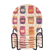 Yayeee 6 PCS Drink Coasters with Holder Set Woven Absorbent Round Tabletop Hot Pad, Jam Jars