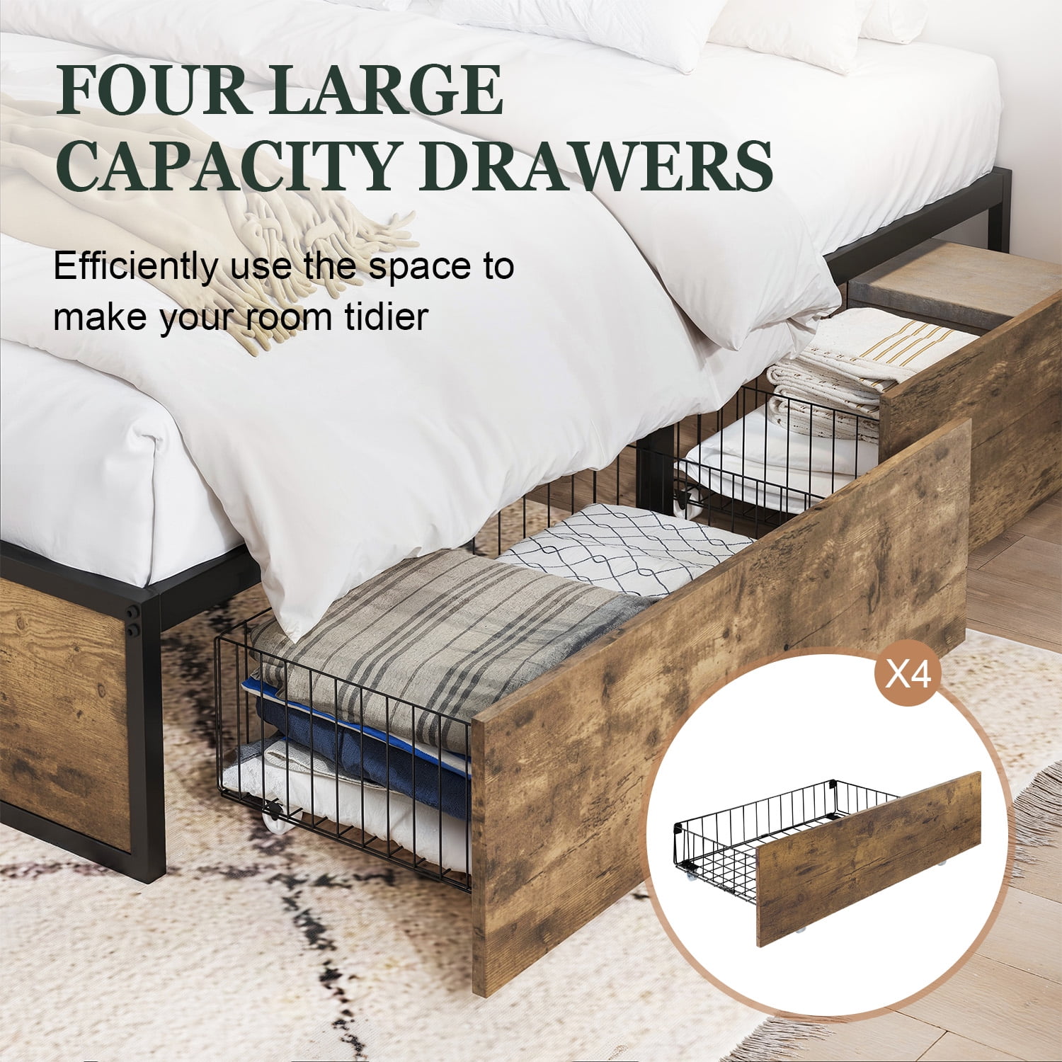 Amolife Queen Size Platform Bed Frame with 4 Sliding Large Storage Drawers, Metal Slats Support, Noise Free, Rustic Brown Amolife Queen Size Platform Bed Frame with 4 Sliding Large Storage Drawers, Metal Slats Support, Noise Free, Rustic Brown