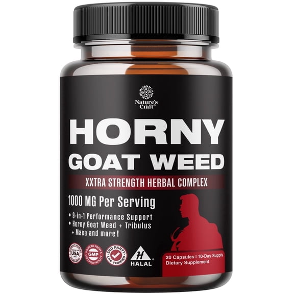 Natures Craft Extra Strength Horny Goat Weed Capsules for Men with Black Maca Root & Tongkat Ali, 20 Count