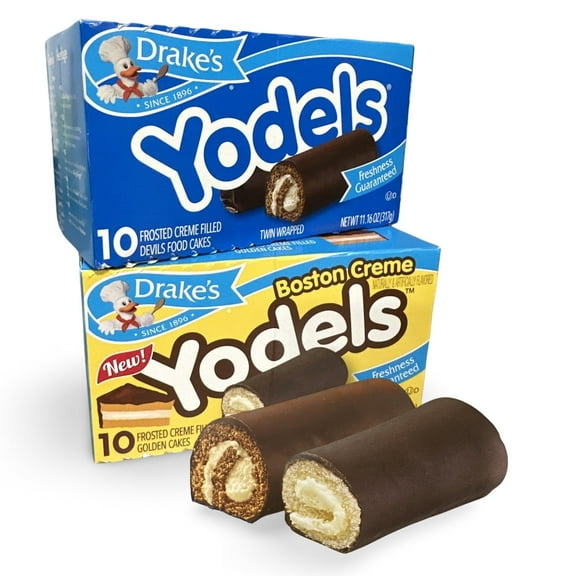 Drake's Yodels Snack Cakes Combo Pack | Boston Creme & Original Devils Food | Pack of 2 (20 Total Frosted Creme Filled Cakes)