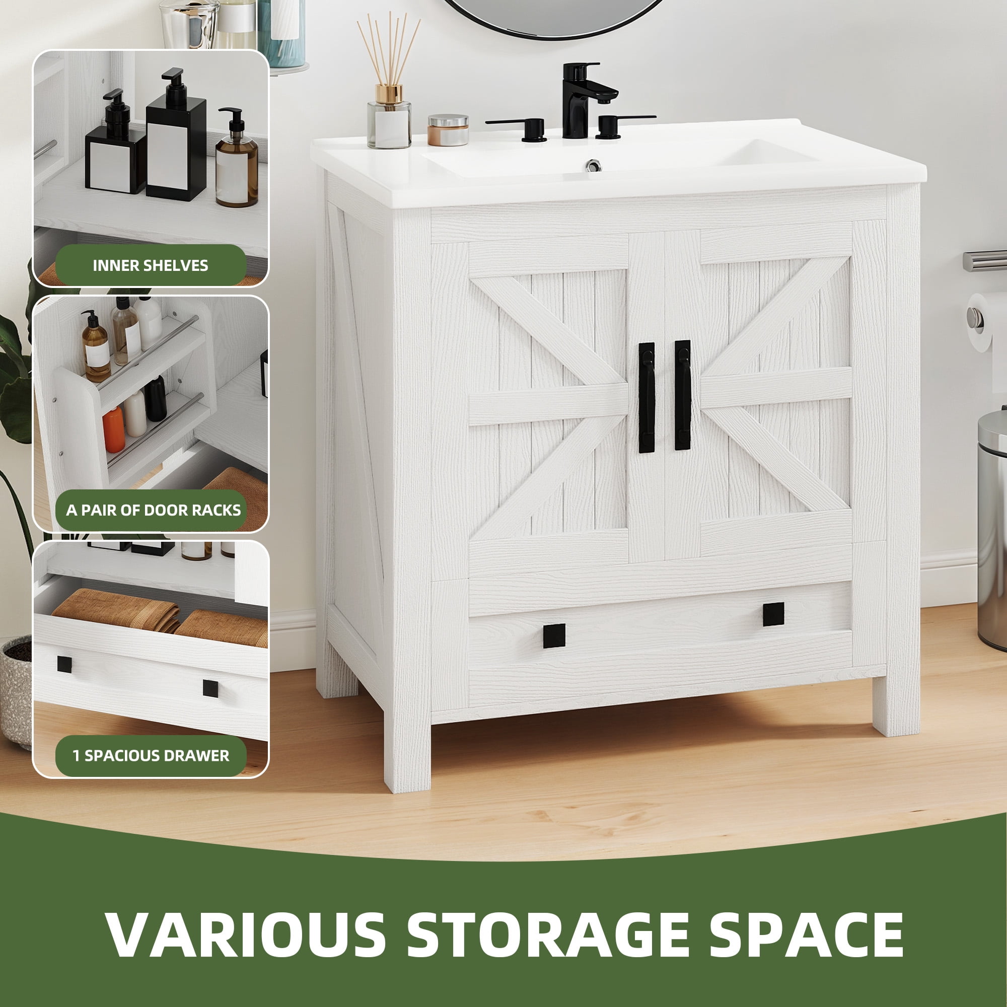 Uforic 30" Bathroom vanity with Sink Top, Farmhouse Bathroom Storage Cabinet with Drawers, White