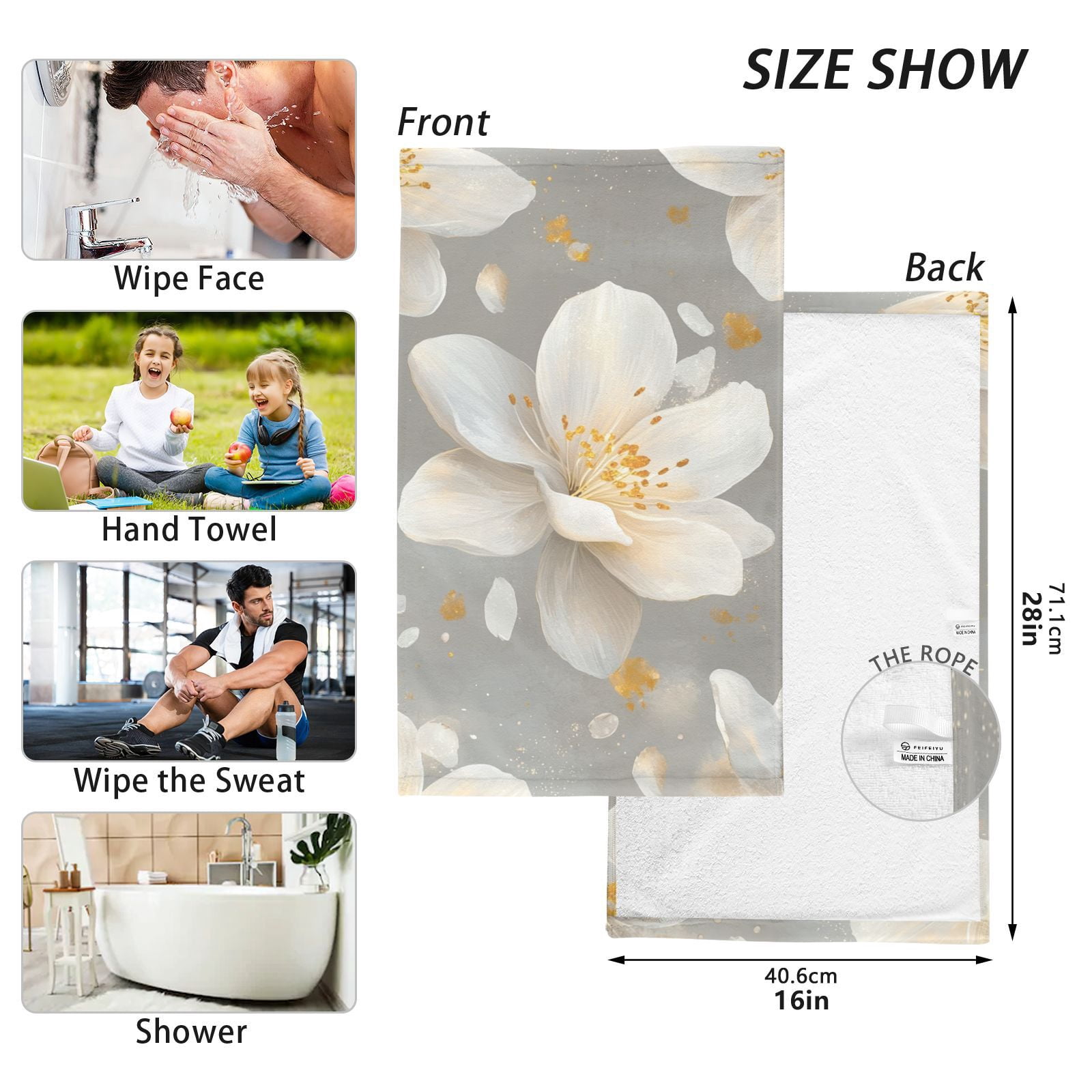 Pretty White Flowers Hand Towels Cotton Bath Towels Large Face Towels Absorbent for Bathroom 2 Packs