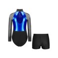 thumbnail image 2 of iiniim Gymnastics Leotards for Girls Dance Long Sleeve Unitards Sparkly Bodysuit with Shorts Outfits Blue&Black 10, 2 of 7