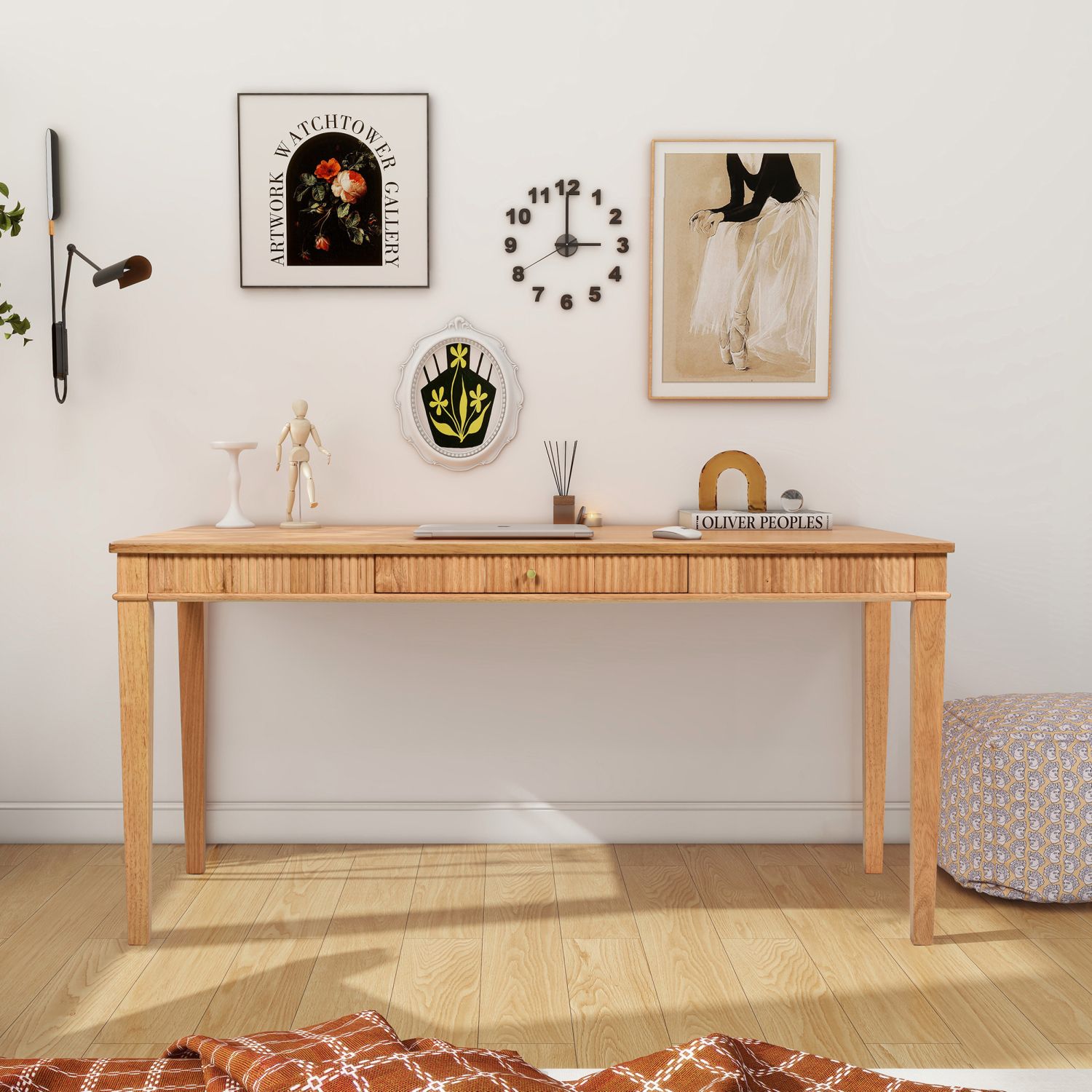 Fluted Writing Desk with Drawer, Solid Rubberwood Home Office Desk, 63 in Farmhouse Work Table for Study and Bedroom