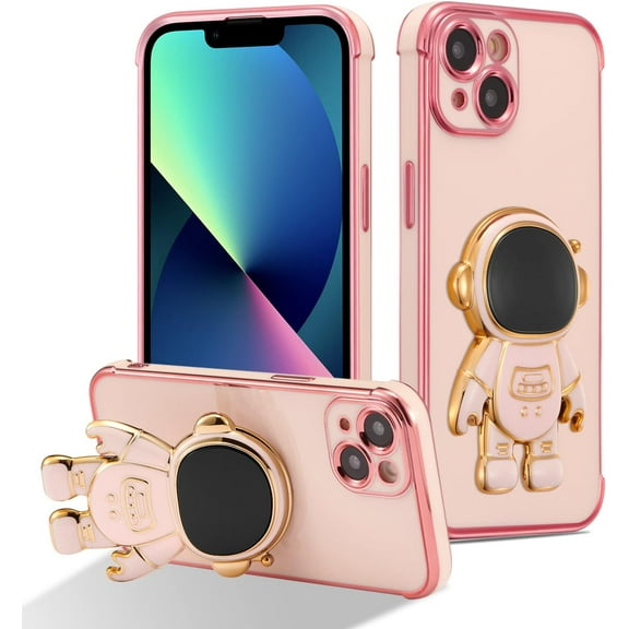 for iPhone 13 Case Cute 6D Astronaut Case with Stand Function Luxury Plating Case Cover Slim Fit Soft TPU Shockproof Bumper Protective Electroplated Case for Girls Boys,6.1 inch,Pink