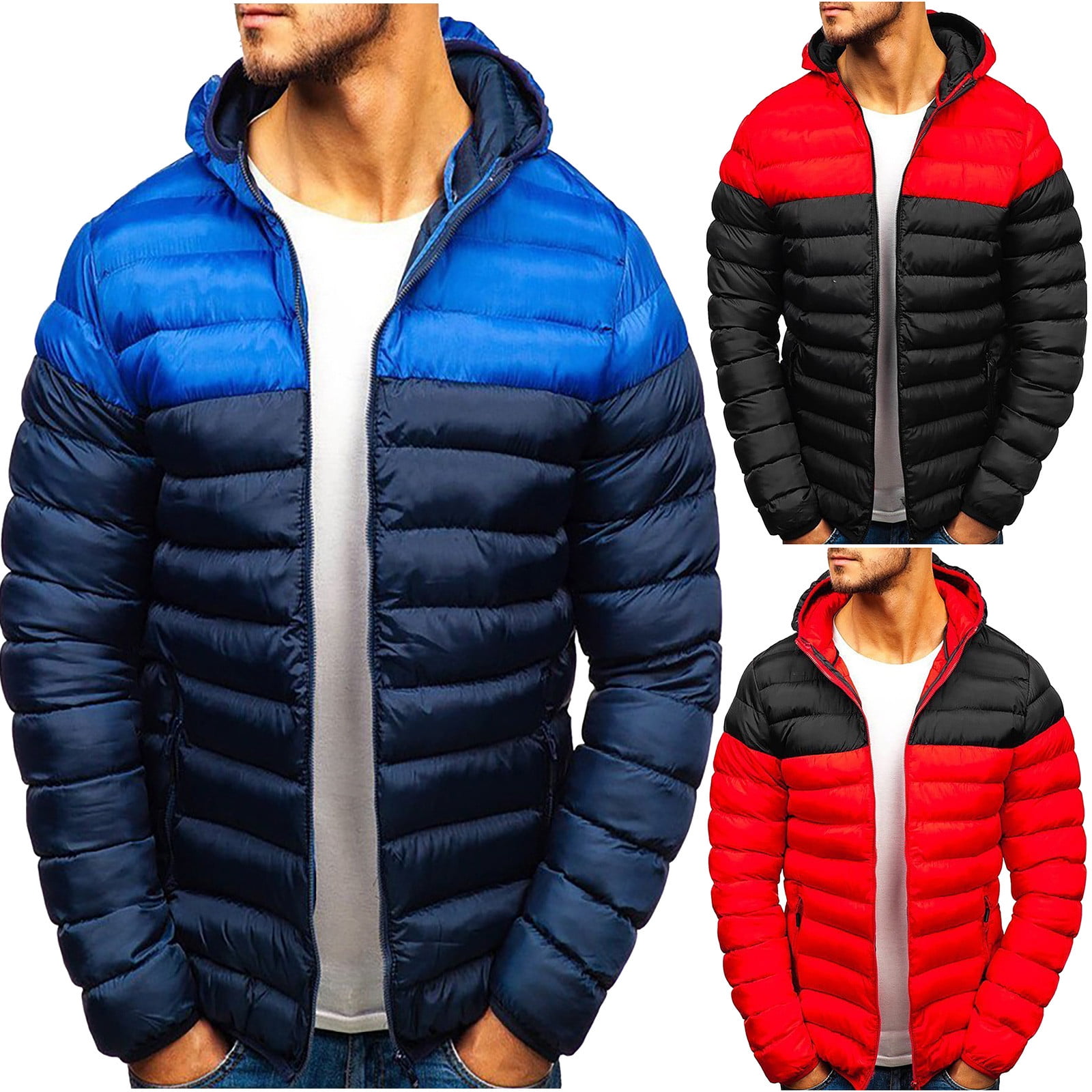 Mens Winter Coat with Hoodie.Mens Winter Medium Length Zipper Pure Color Hoodie Thickened Cotton Outwear Coat