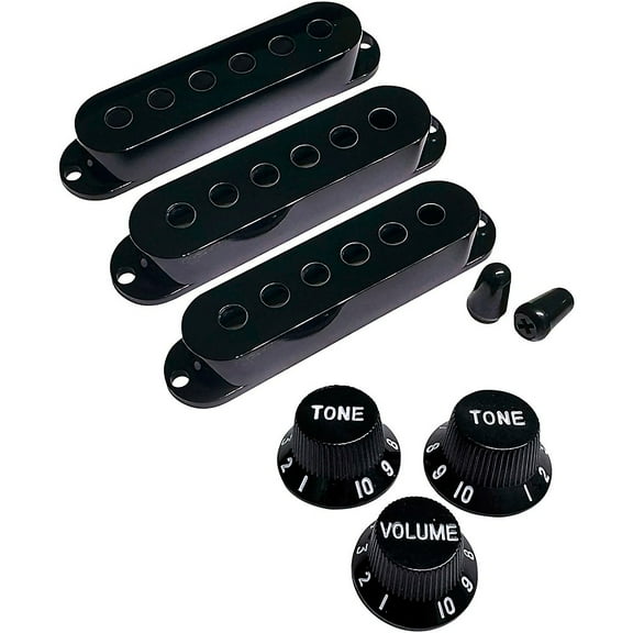 AxLabs Pickup Covers, Knobs, & Switch Tips Set for Strat-Style Guitars - Black, Modern (52mm / 50mm / 48mm) Gold Font