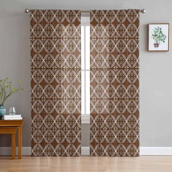Brown Geometric Abstract Sheer Curtains 63 Inches Length 2 Panels Set, Window Sheer Curtains for Living Room/Bedroom, Contemporary Modern Art Light Filtering Rod Pocket Curtain 52'' x 63'' x 2