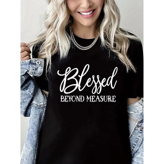 Women Christian T-Shirt FBlessed Beyond Measure Graphic Shirt Casual Crew Neck Top