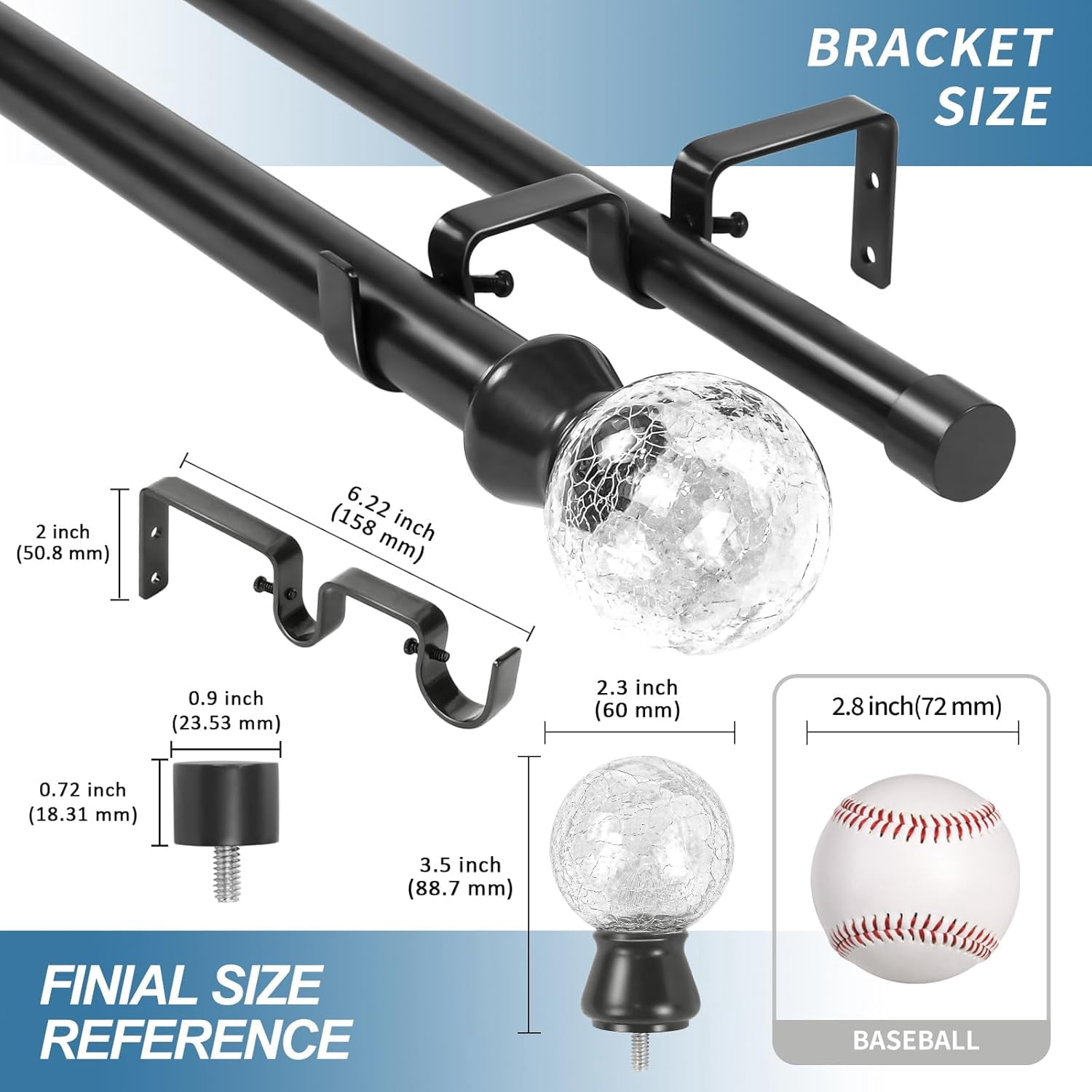 Urbanest Adjustable Double Curtain Rod Set Crackle Glass Manhattan Finials – 1″ Front & 3/4″ Back Rod With Black Rod, 28–48 Inches