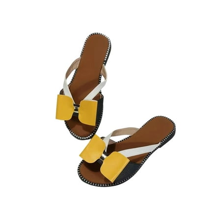 

Daeful Women s Slides Beach Sandal Summer Flat Sandals Indoor Casual Comfort Slip On Slide Slippers Yellow 4.5