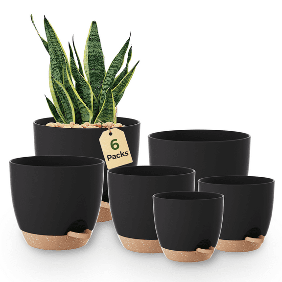 JF Self Watering Pots 6 Pack Plant pots Indoor planters 5/5.5/6/6.5/7/8 Inches flower pots with High Drainage Holes and Deep Reservoir for Indoor Outdoor Garden Plants and Flowers, Black with Brown