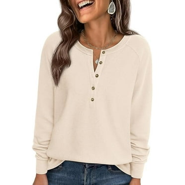 PRETTYGARDEN Women's Long Sleeve Waffle Knit Shirts Fall Casual Button Up Henley V Neck Tunic Tops Loose Fit Basic Tees