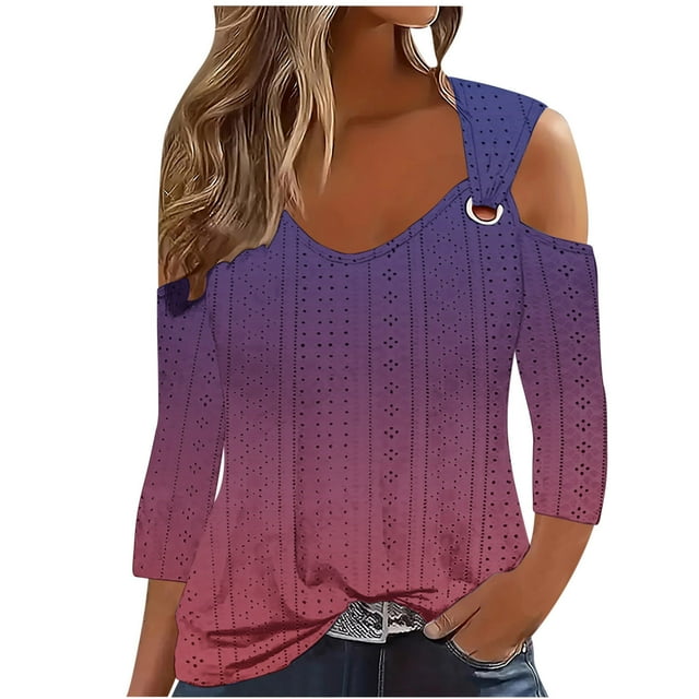 Chbgutlmr Plus Size Tops for Women 3/4 Length Sleeve Cold Shoulder Gradient Color Hollow out Trendy Shirts