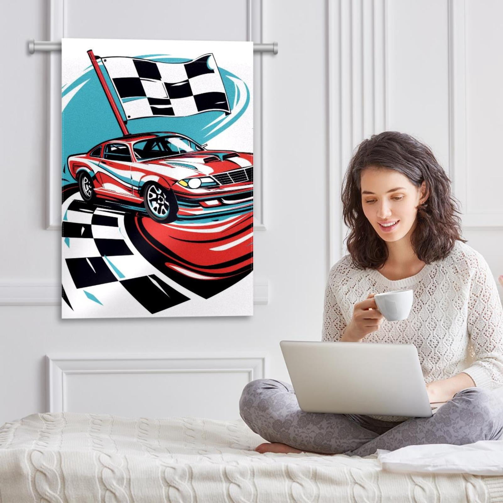Welcome Speeding Racing Car with Checkered Flag Pattern Garden Flag, Vertical Double Sided Small House Flag, Yard Farmhouse Outdoor Deck Veranda Lawn Decor 28x40 Inch