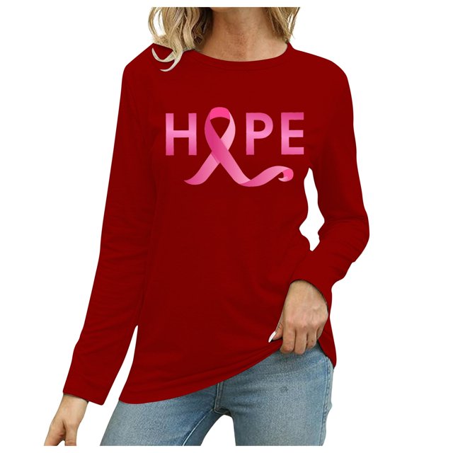 MKLEKYY Hauts Ajustés pour Femmes T-Shirt à Manches Longues Imprimé Mois de la Prévention du Cancer Col Rond Décontracté pour Femmes