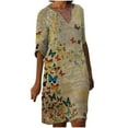 thumbnail image 2 of Pntutb Robe de Mode pour Femmes Robe à Manches 3/4 Mode Fleurs Imprimées Taille Robe d'Été Col en V Longueur Genou, 2 of 5