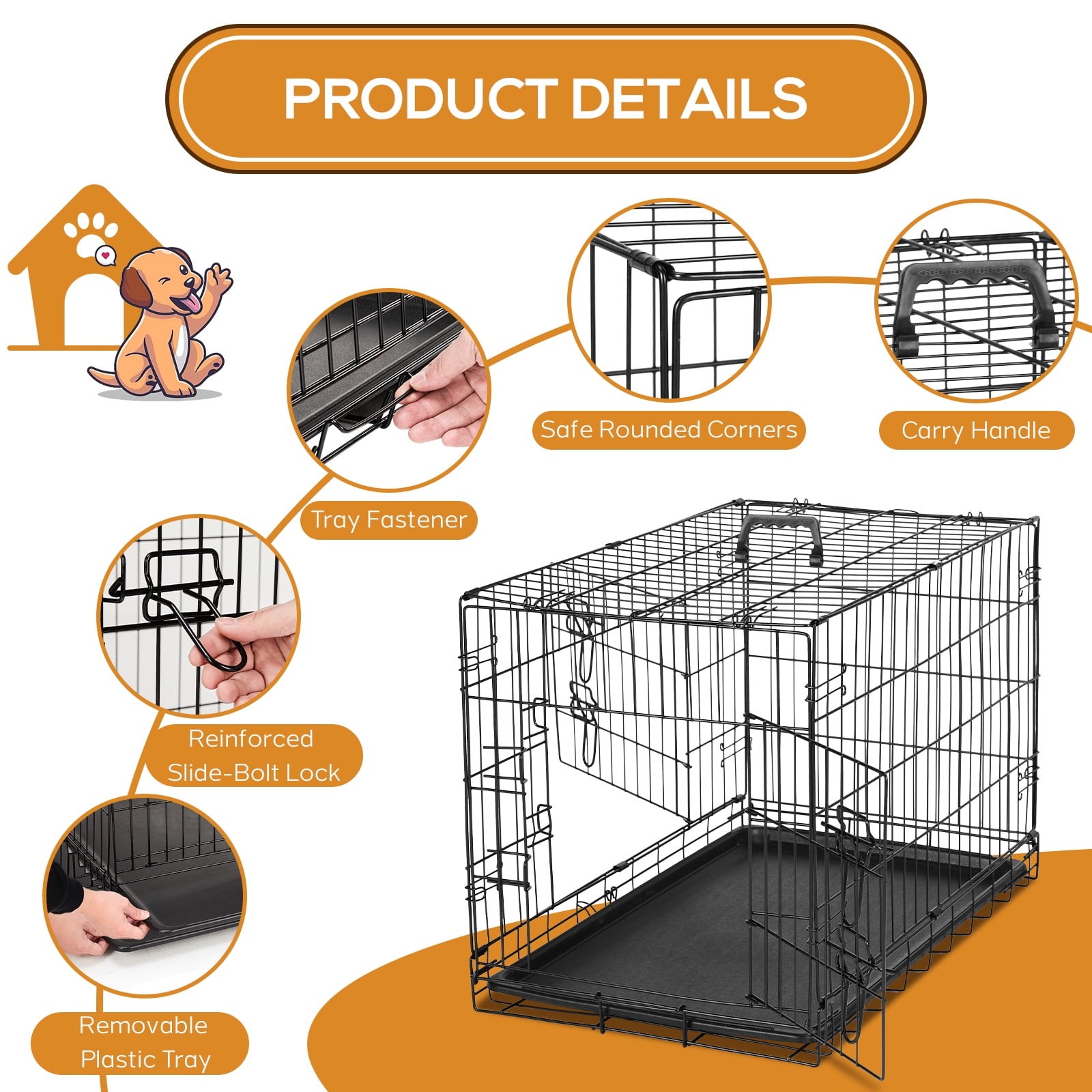 Dog Crate, 36 Inch Small Wire Kennel with Divider Panel, Metal Cages with Double Door, Leak-Proof Pan Tray, Folding Portable for Indoor Outdoor Travel