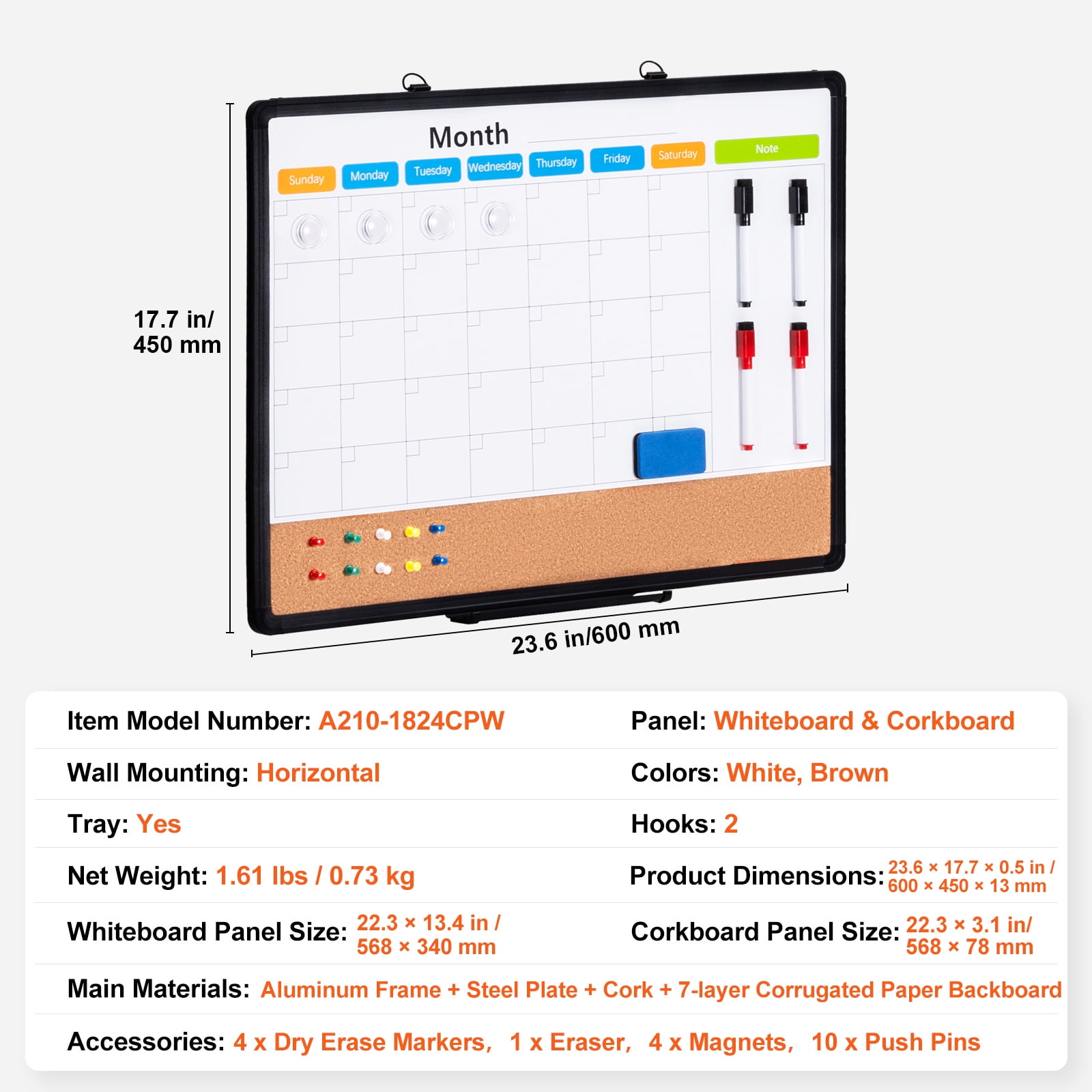 KFFKFF 24"x 18" Dual-Function Board – Magnetic Whiteboard Calendar & Cork Bulletin, Framed in Aluminum – Wall-Mounted for Home, Office, or Educational Settings
