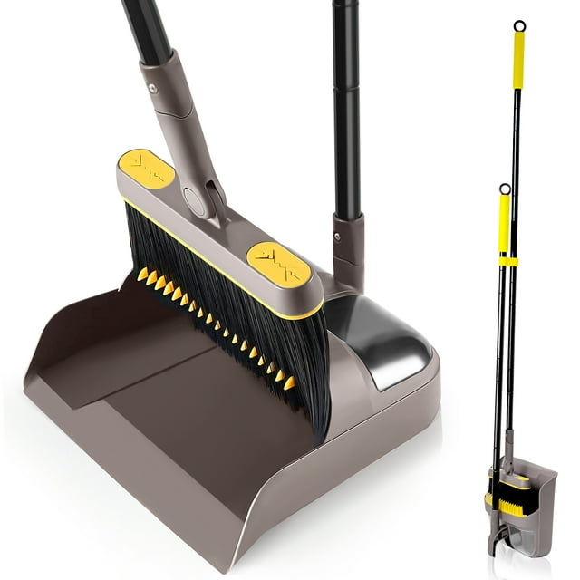 JEHONN Broom with Dust Pan with 54 inches Long Handle for Home (Brown and Yellow)