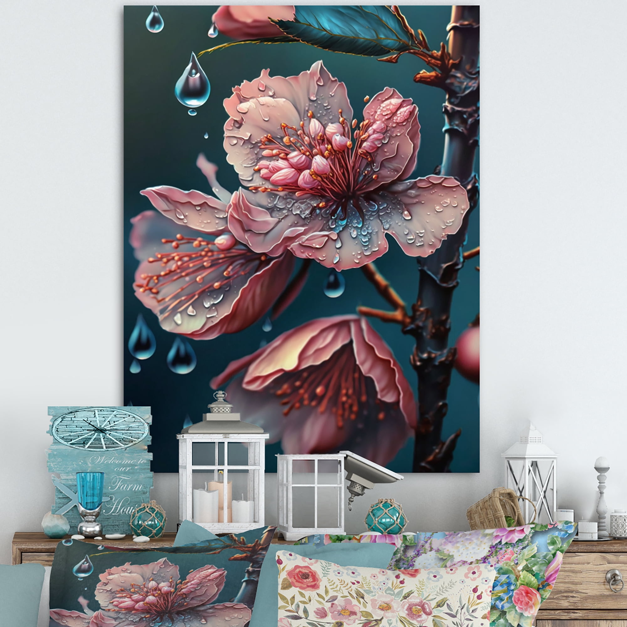 Designart Pink Blooming Cherry Flowers Canvas Wall Art