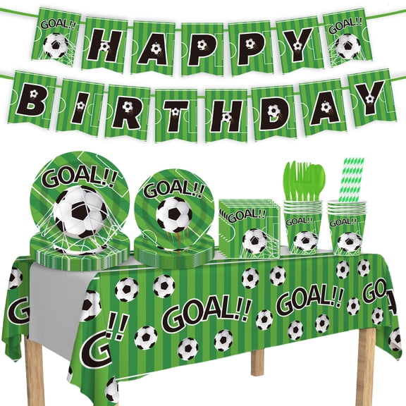 92 PCS Soccer Birthday Party Supplies, Soccer Party Decorations & Tableware Set -Soccer Birthday Banner  Tablecloth Plates Cups Napkins & Fork &Straw,Ect Boys Sports Theme Birthday Decor