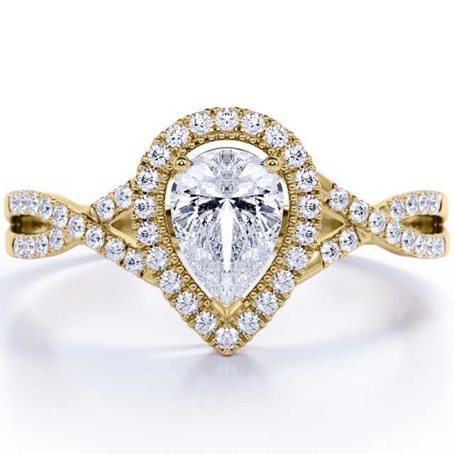 JeenMata Anillo de Compromiso con Halo Milgrain de Moissanita de Corte Pera de 1,75 Quilates, Cuerpo Retorcido Infinito, Pavé en Baño de Oro Amarillo de 18 K sobre Plata