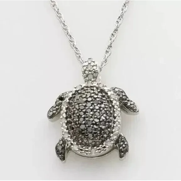 2.00Ct Black Lab Created Diamond Turtle Pendant Necklace 14K White Gold Plated