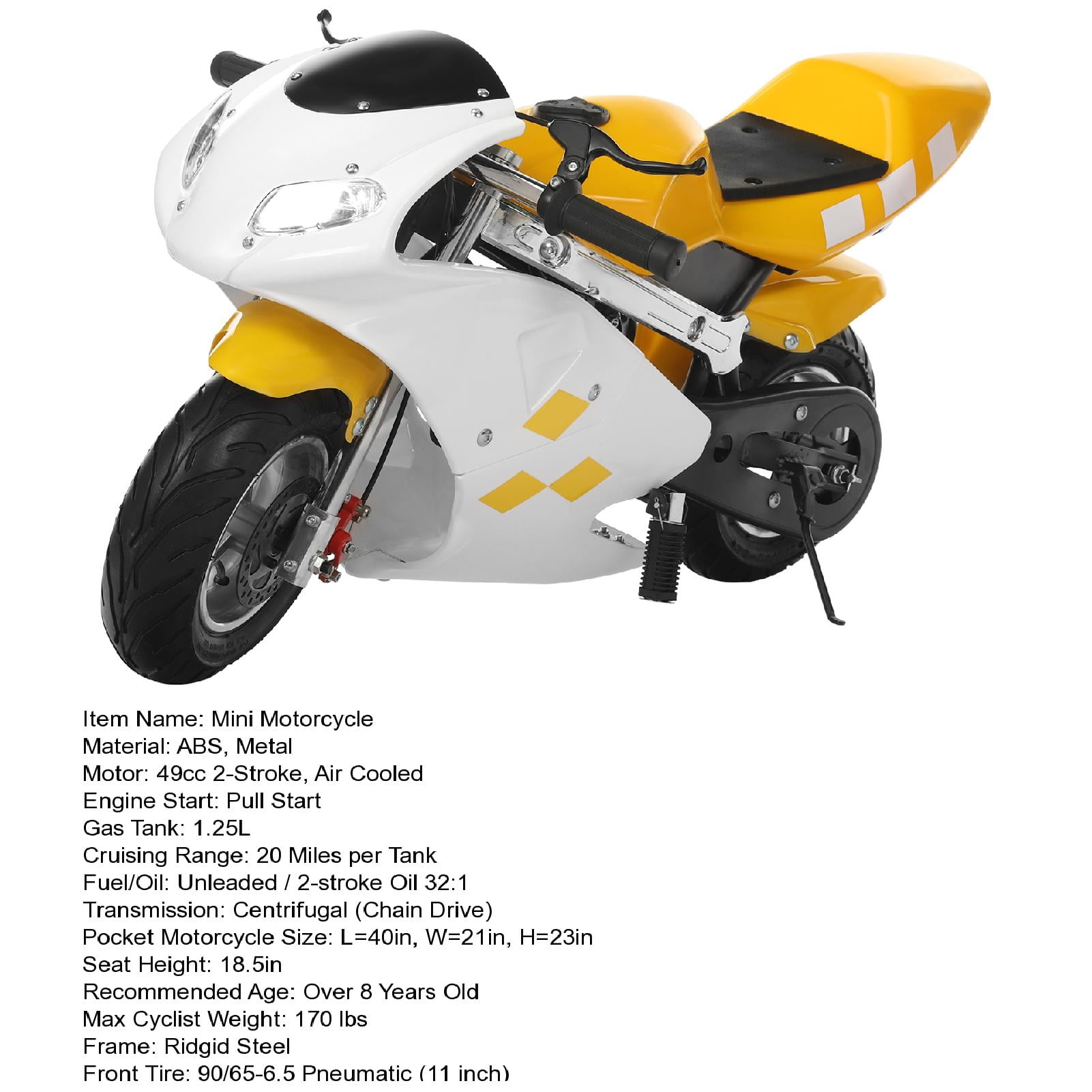 LA TALUS 49cc 2 Stroke Pocket Bike, Mini Motorcycle for Kids, Gas Pocket Motorbike with Strong Dual Brake, Racing Max Speed 20Mph, Dual Headlights(White and Yellow)