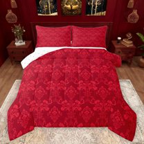 Feelyou Damask Floral Red Full Size Comforter Sets, Hippie Tribal Abstract Bedding Comforter Set, Western Modern Fashion Reversible Bedding Sets, Breathable Home Decor, 3 Pieces