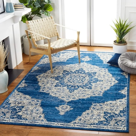 

Collection Rug - 4 X 6 Navy & Ivory Medallion Distressed Design Non-Shedding & Easy Care Ideal For High Traffic Areas In Entryway Living Room Bedroom (BNT802P)