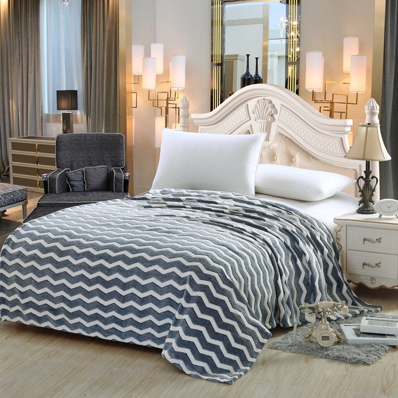 Super Plush Chevron Print Micro Fleece Jacquard Polyester Blanket Queen Beige