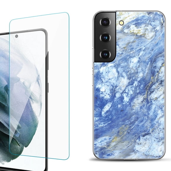 Slim-Fit Fashion Gel Phone Case for Samsung Galaxy S22  5G / S22 Plus 5G, with Tempered Glass Screen Protector, by OneToughShield ® - Marble / Gem Blue