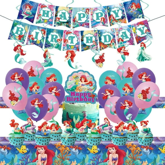 51 beautiful girl birthday party supplies, party decoration set including banners, tablecloths, balloons, hanging whirlpools, cake cups and cake caps for birthday party decoration.