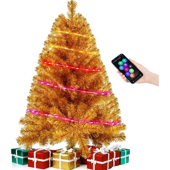 Gold 3ft Christmas Tree with Lights, Small 36inch Artificial Tree Mini Table Top Decorations, Xmas Desk Tree with 80 Colored Lights, 200 Branch, Holiday Decor for Home,Indoor Office Tabletop