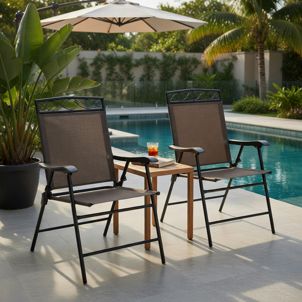 Hommoo 2-Pack Foldable Patio Chairs with Armrests, Lightweight Steel Outdoor Dining Chairs for Pool, Garden, Beach & Camping, Black