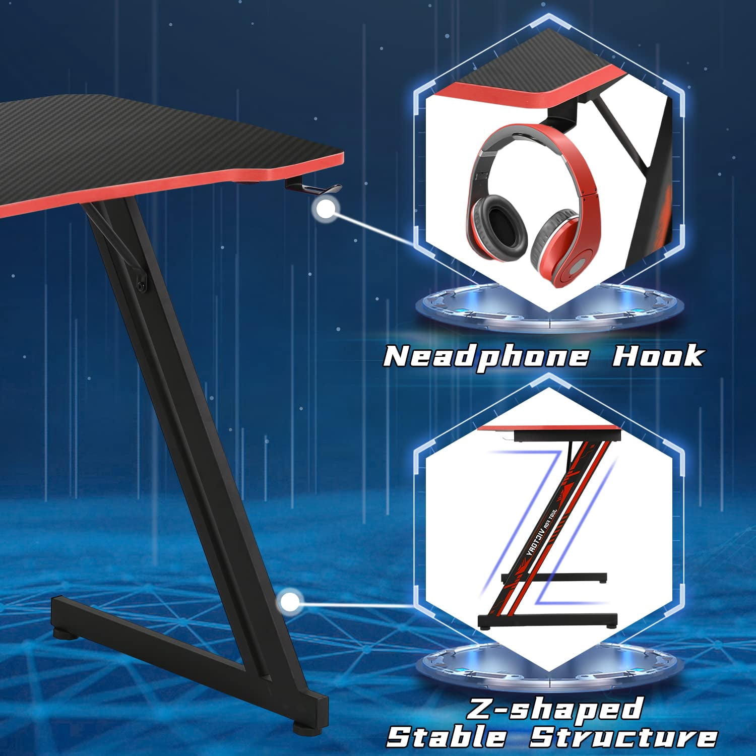 YRLLENSDAN Gaming Table with Headphone Hook, 40 inch Gaming Computer Desk for Small Spaces, PC Gamer Desk Table for Home Office, Computer Workstation with Z-Shaped Steel Leg, Black and Red
