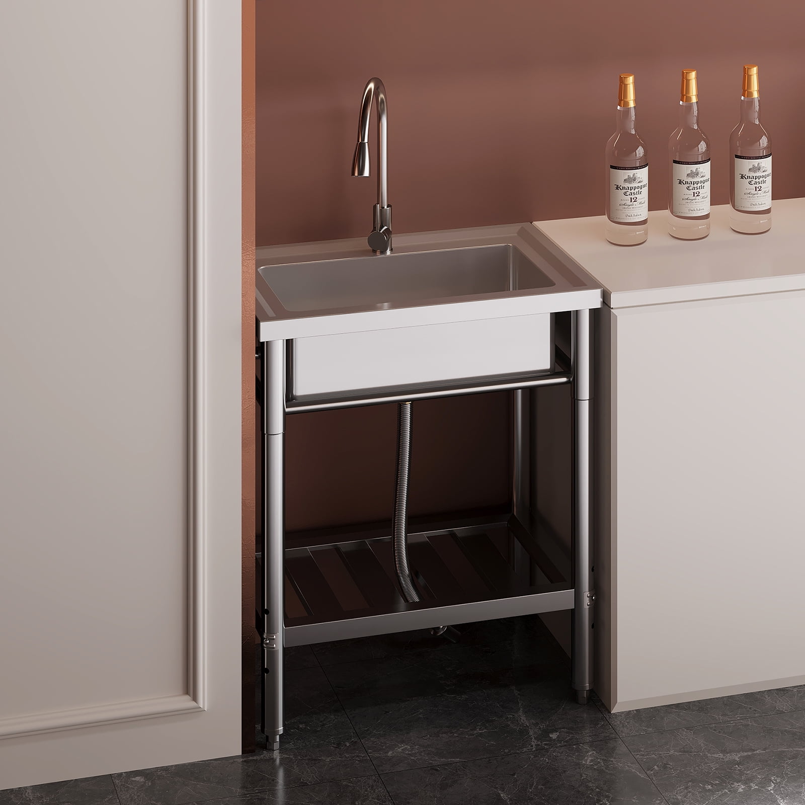 28 Inch Commercial Kitchen Sink, Single Bowl Stainless Steel Utility Sink with Pull-Out Faucet, Freestanding Washing Hand Basin with Open Storage Shelf for Garage, Restaurant, Laundry Room