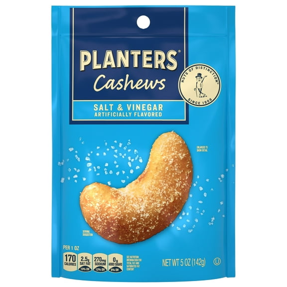 PLANTERS Cashews Salt and Vinegar, Party Snacks, Plant Based Protein, 5 oz Resealable Bag