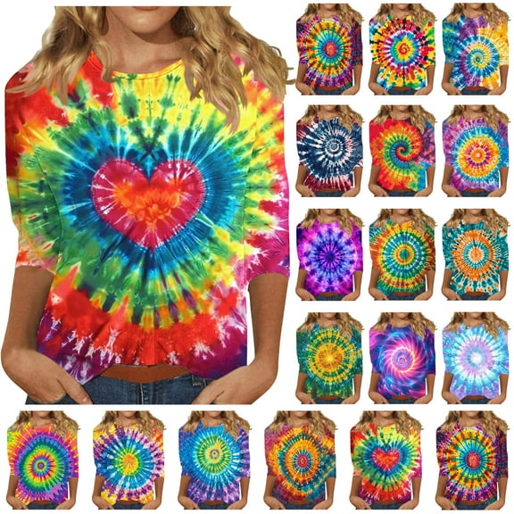 DDAPJ pyju Novelty Graphic Tees for Women 2025 Fashion Tie Dye 3/4 Sleeve Crewneck T-shirt Casual Spring Blouse Tops Multicolor S