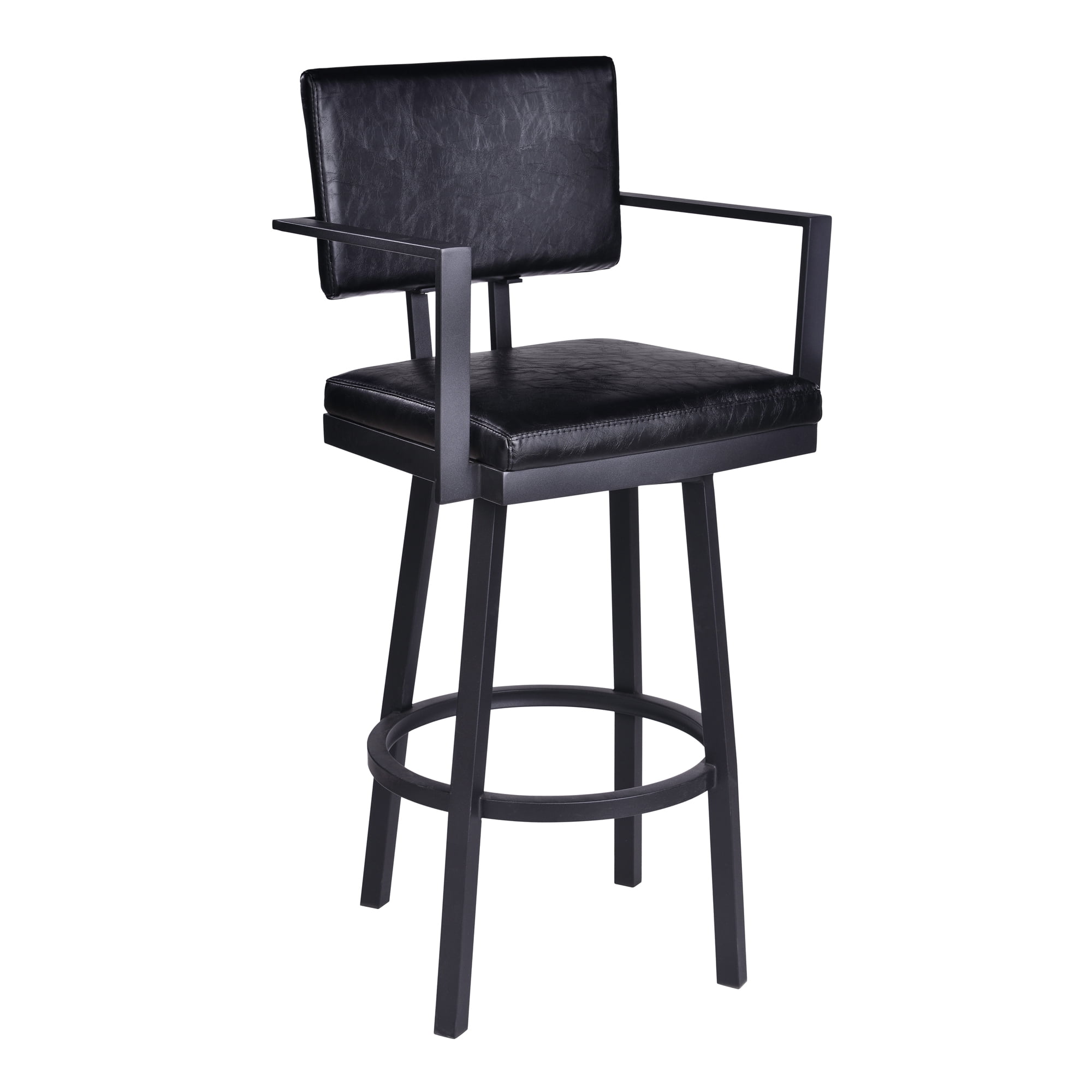 Armen Living Balboa 26” Counter Barstool with Arms-Black Coated Finish/Vintage Black Faux Leather