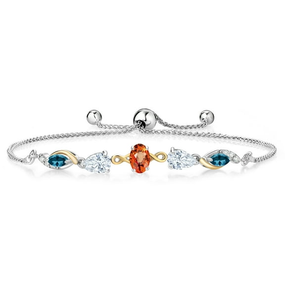 Gem Stone King 925 Silver and 10K Yellow Gold Orange Sapphire White Moissanite London Blue Topaz and Lab Grown Diamond Tennis Bracelet for Women By Keren Hanan (1.75 cttw, Adjustable up To 9 inch)
